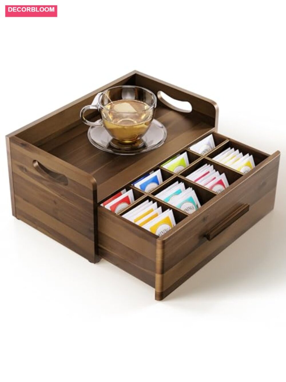Acacia Wood Tea Box Organizer with Drawer 8 Compartment Tea Storage